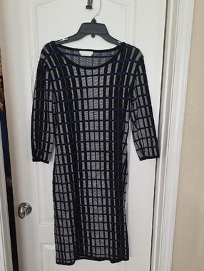 BOSS Black Blue & Gray Grid Knit Midi Dress